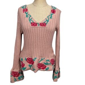Ana & Julia Malharia Women M Rose Pink Floral Knit Sweater Bell Sleeve Bodycon‎